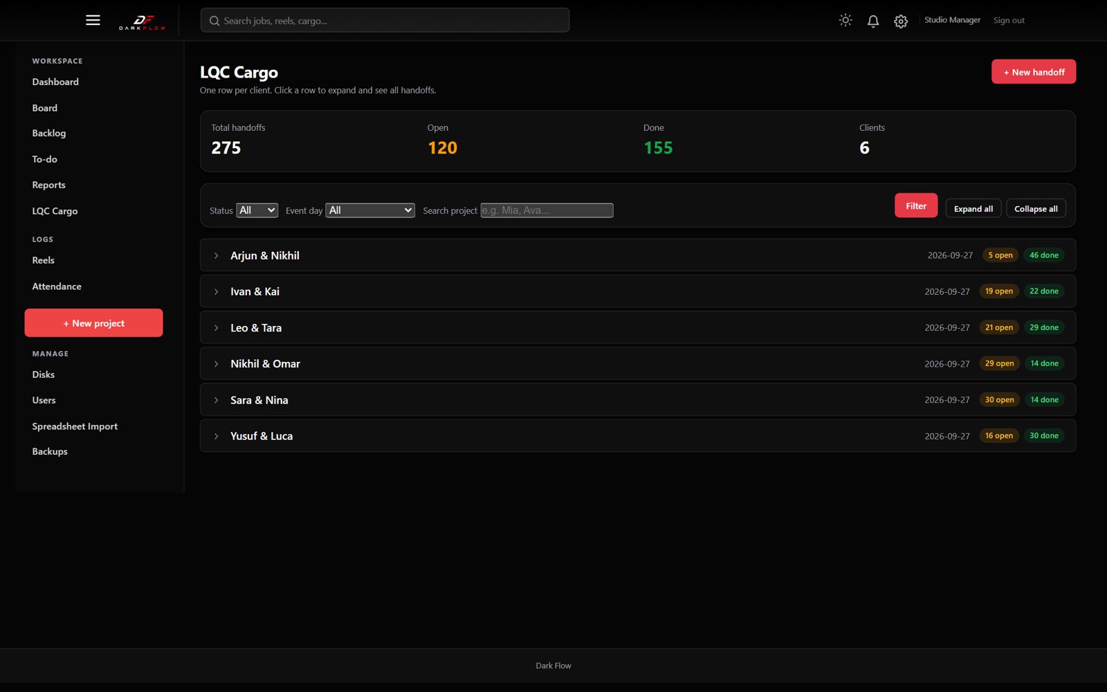 Cargo log of footage handoffs grouped by client and event day