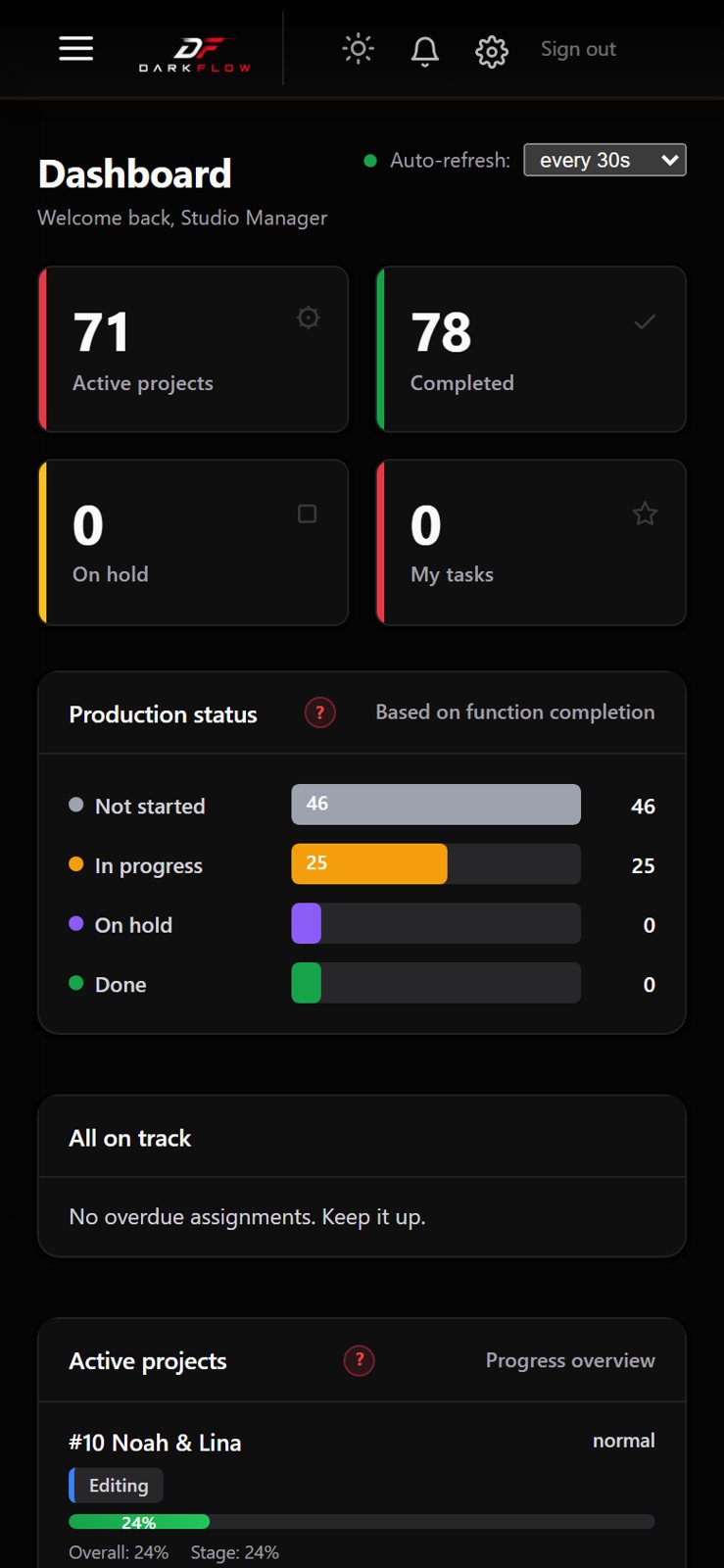 DarkFlow dashboard on a phone, dark theme