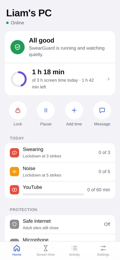 SwearGuard Parent app home screen