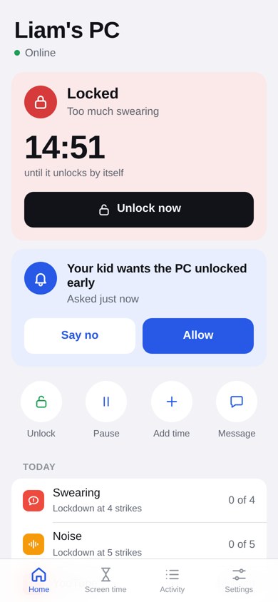 Locked screen with countdown and an unlock request from the kid