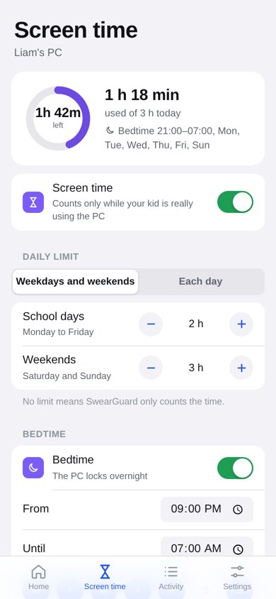 Screen time screen with daily limits for school days and weekends