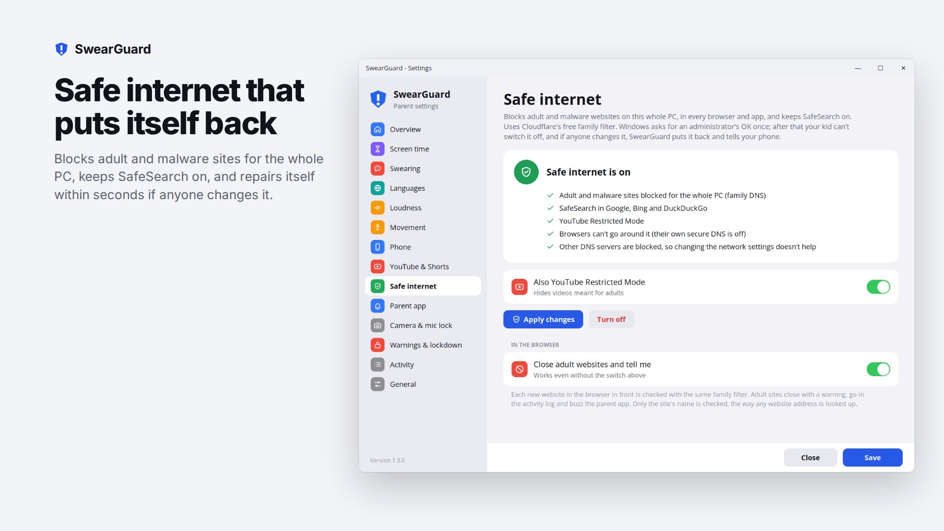 SwearGuard safe internet page with family DNS, SafeSearch and blocked DNS checklist