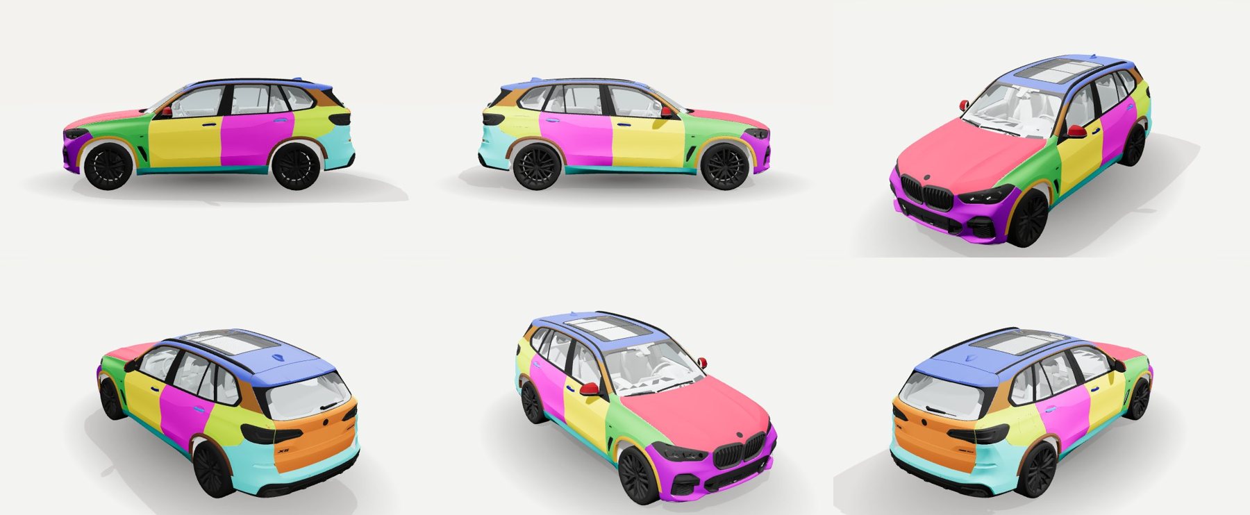 A BMW X5 shown from six angles, with the bonnet, roof, doors, fenders, bumpers and tailgate each in a different colour